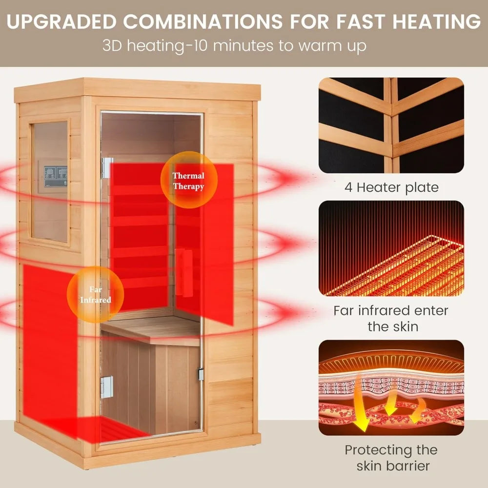 Solo Haven: 1-Person Hemlock Infrared Sauna with 4 Carbon Heaters