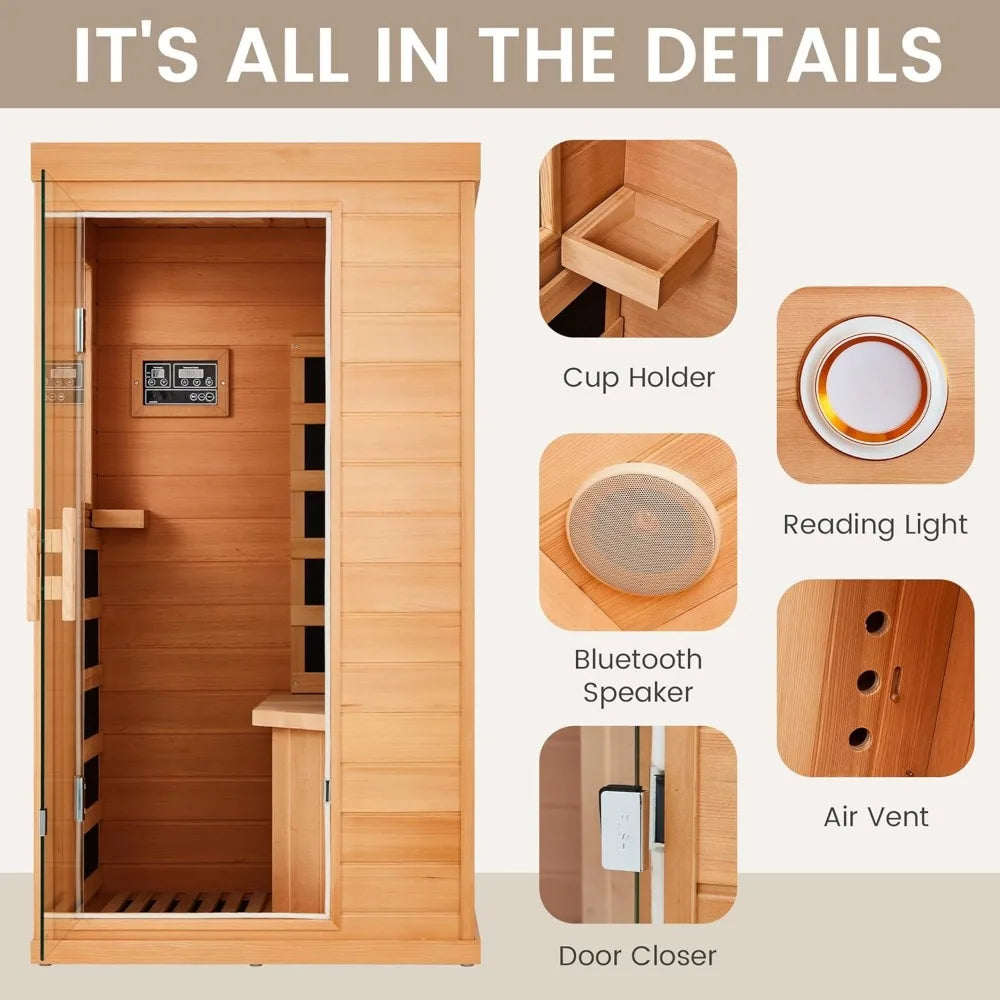 Solo Haven: 1-Person Hemlock Infrared Sauna with 4 Carbon Heaters